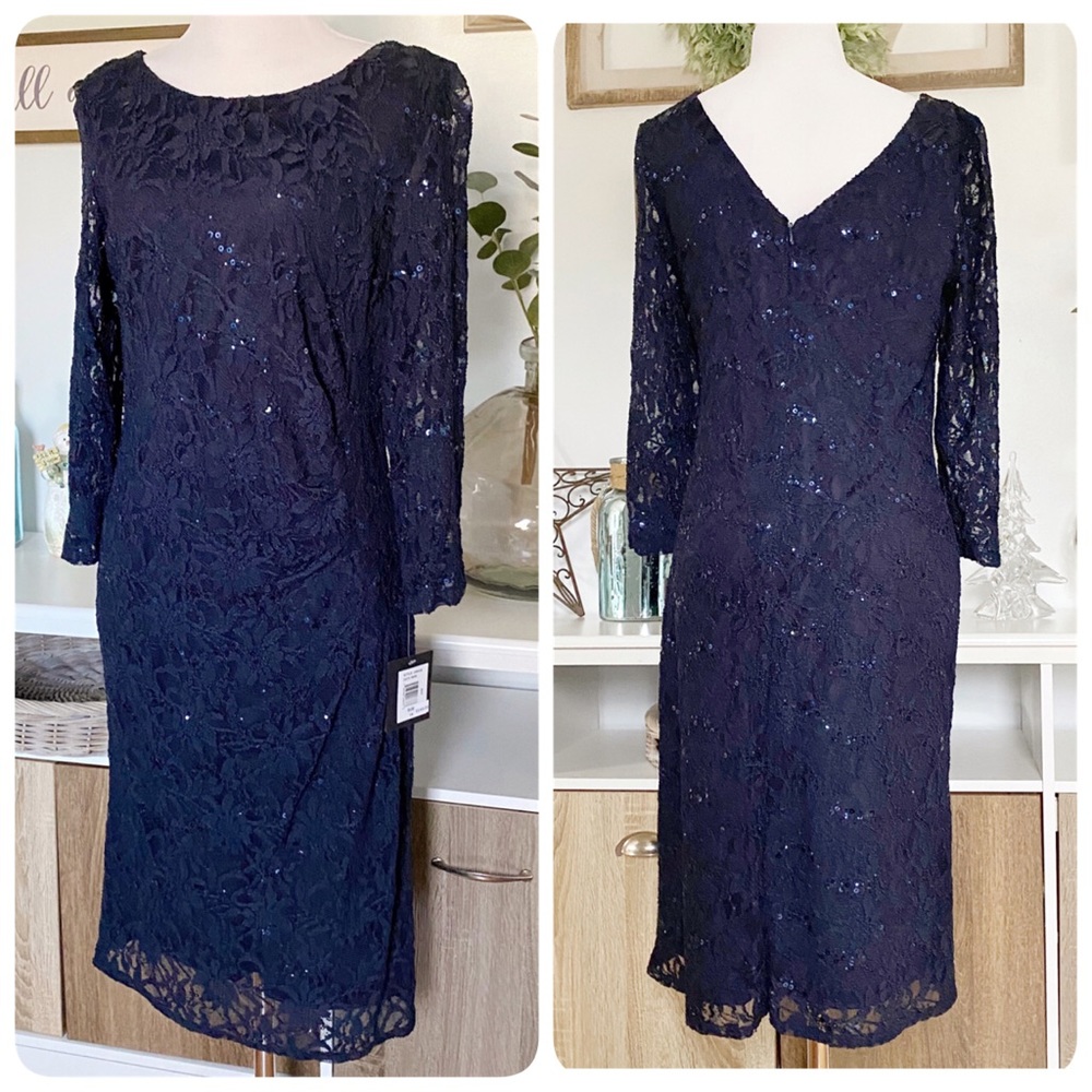 Navy Sequin Lace Sheath Dress